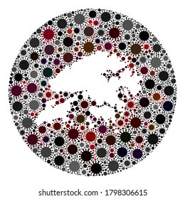Vector Hong Kong map collage of covid-2019 virus. Infection attacks the isolated territory from outside. Hole circle Hong Kong map collage composed with infection elements.