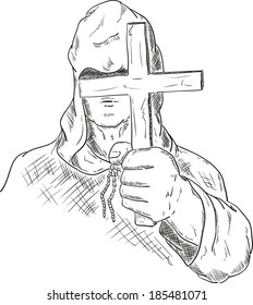 vector - hooded monk with a cross in his hand