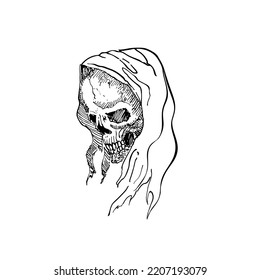 Vector Hooded Skull Line Drawing Sketch Art. Black On White Background