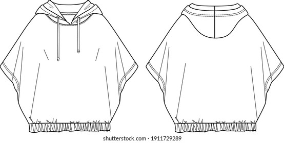 Moda de sudaderas con capucha vectorial CAD, dibujo técnico de sudaderas sin mangas para mujer, boceto superior, plantilla