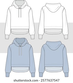 Vector hooded sweatshirt fashion illustration drawing, front and back view, unisex long sleeved sweatshirt with mesh fabric technical drawing, template, sketch, cad, mockup.