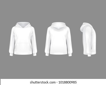 Vector hoodie sweatshirt white 3d realistic mockup template. Fashion long sleeve clothing hooded pullover front side back view. Illustration grey background. Woman man unisex cotton apparel sportswear