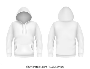 Vector hoodie sweatshirt white 3d realistic mockup template on white background. Fashion long sleeve, clothing hooded pullover front, back view. Unisex, women, men cotton apparel sportswear, outfit