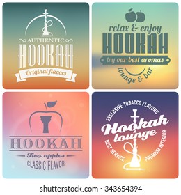 Vector hookah labels and badges. Emblems for shisha lounge or bar. Vintage logos on blurred background