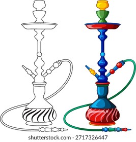 Vector hookah in vibrant colors and black outline, clean lines, isolated on white background