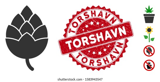Vector hop bud icon and distressed round stamp seal with Torshavn phrase. Flat hop bud icon is isolated on a white background. Torshavn stamp seal uses red color and grunged surface.