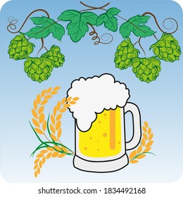 Vector, Hops, malt, beer glass and beer mug. Hand drawn vector illustration.