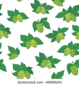 Vector Hops Pattern | Seamless texture with sketch green hop illustration on white background