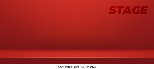 Vector horisontal abstract background. Mock up 3D stage. Red empty studio room for product display. Banner for advertise product on website. Showroom shoot render.  