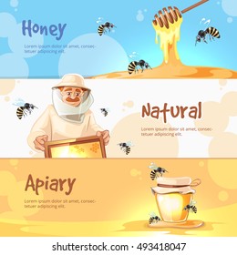 vector horisontal banners set of Apiary symbols. Bee, honey, bee house, honeycomb. Emblem of Man beekeeer in costume. beehive, wax.