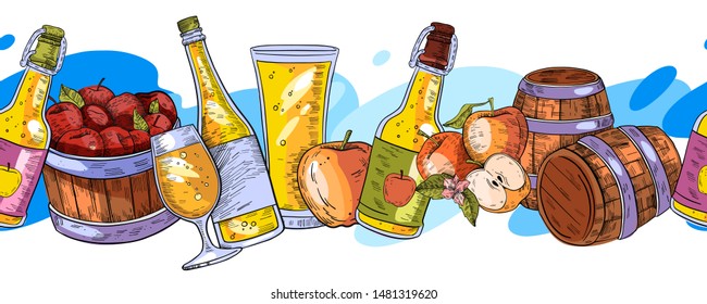 Vector horisontal hand drawn seamless pattern "Apple cider and fruit beer" with casks, bottles, wineglass, glass, apples. For pub menu, advertisemens, background, flyers, web sites.