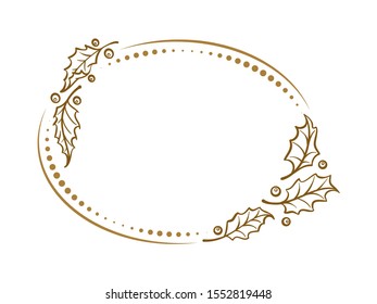 Vector horisontal oval dotted frame with Christmas holly decoration.