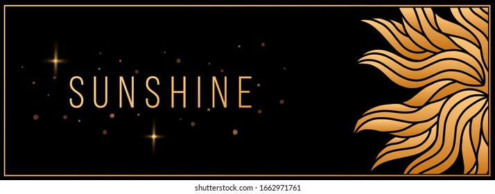 Vector horisontal sunshine illustration on black background with frame and sparkle. Beautiful golden flower and header. Thin flat line art design with abstract sun for flower banner, greeting card