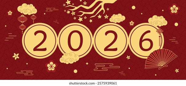 Vector horizontal 2026 Chinese New Year ornate numbers with Chinese traditional ornaments, clouds, fan, lanterns, flowers on red background. Happy new year 2026 celebration template.