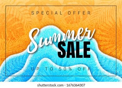 Vector horizontal 3d poster with text Summer Sale. Wavy blue sea with white grain foam. Textured yellow sand. Shadow from tropical leaves. Vintage banner design.