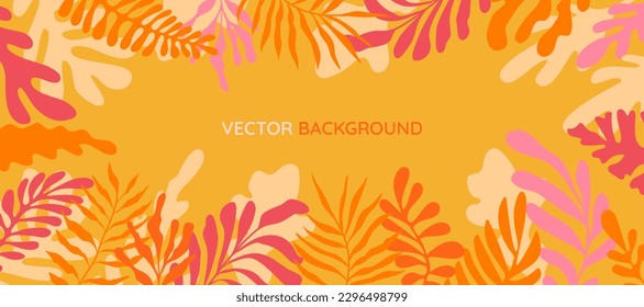 Vector  horizontal abstract background with copy space for text - summer horizontal banner - bright vibrant banner, poster, cover design template, with yellow and orange leaves and palm leaves