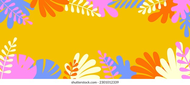 Vector horizontal abstract background with copy space for text, abstract cover header with plants and leaves, bright vibrant banner, poster, graphic design template, hippie and groovy summer poster