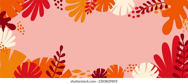 Vector horizontal abstract background with copy space for text, abstract cover header with plants and leaves, bright vibrant banner, poster, graphic design template, hippie and groovy summer poster