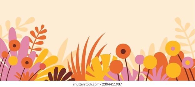 Vector horizontal abstract background with copy space for text, abstract cover header with plants and leaves, bright vibrant banner, poster, graphic design template, hippie and groovy summer poster