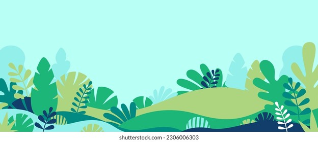Vector horizontal abstract background with copy space for text, abstract cover header with plants and leaves, bright vibrant banner, poster, graphic design template, hippie and groovy summer poster