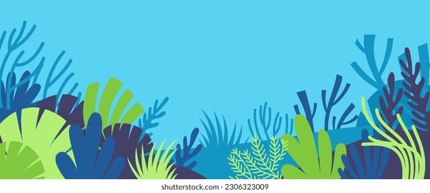 Vector horizontal abstract background with copy space for text, abstract cover header with plants and leaves, bright vibrant banner, poster, graphic design template, hippie and groovy summer poster