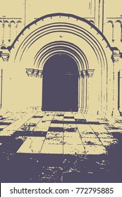 vector horizontal abstract background in grunge style for your design. old solid door in arched opening with columns