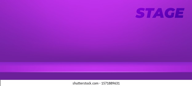 Vector horizontal abstract background. Mock up 3D stage. Purple empty studio room for product display. Banner for advertise product on website. Showroom shoot render.  