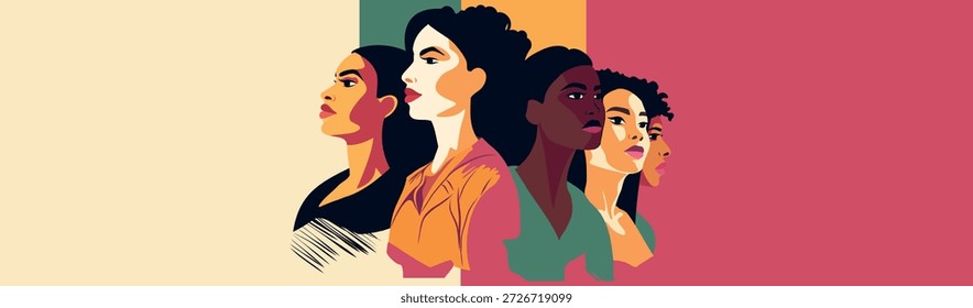 Anuncio brillante abstracto Horizontal de Vector para el Día Internacional de la Mujer, 8 de marzo. Mujeres de diferentes culturas, colores de piel, nacionalidades se mantienen unidas. Movimientos en favor de la igualdad de género y el empoderamiento de la mujer
