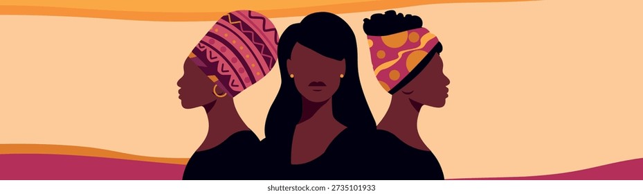 Vector horizontal abstract bright banner with space for text for International Women's Day, March 8, Black History Month. Black women stand together. Movements for gender equality, women's empowerment