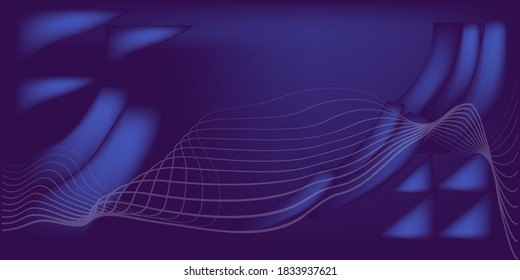 Vector of horizontal abstract fluid background with crossing wavy lines and abstract geometric shapes.Blue and purple colors