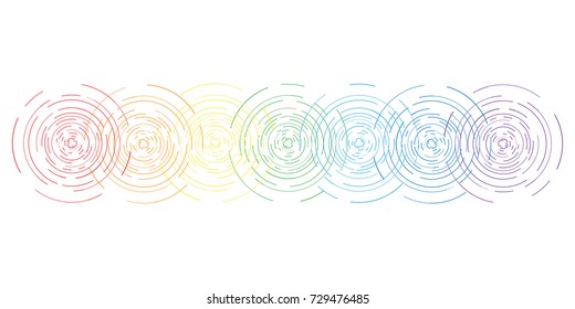 vector horizontal abstract illustration of seven chakras colors with flat line stylized circular shine for body and spiritual energy training designs