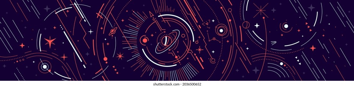 Vector horizontal abstract red and blue space illustration with star, planet and line on dark background