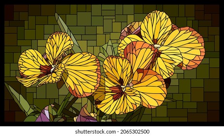 Vector horizontal angular mosaic with blooming yellow pansy flowers in vertical stained glass window.