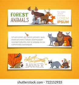 Vector horizontal animal banners set. Adorable woodland animals on white background. Wild deer, fox, hedgehog, rabbit, raccoon, squirrel, bird, beaver, elk and wolf. Cartoon illustration.