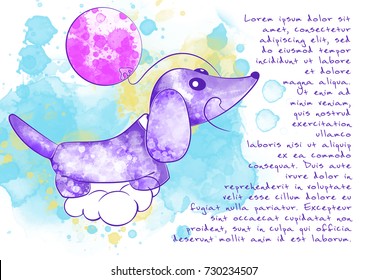 Vector horizontal aquarelle template for print o web with space for text. Cute dog with balloon. Cartoon hand drawn printable illustration. Can be used for greeting, invitation card on kid's party.