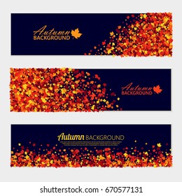 Vector horizontal autumn banners set with scattered maple leaves for different design projects. Isolated