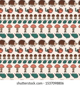 Vector horizontal autumn kids seamless white pattern. Simple doodle worm, apple, hedgehog, mashroom, leaf hand drawn. Great for background, wallpaper, wrapping paper, packaging, fashion, kids design.