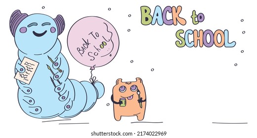 Vector Horizontal Back To School Banner With Cute Monsters And Text. A Bright Illustration To Celebrate And Rejoice With Children In September.