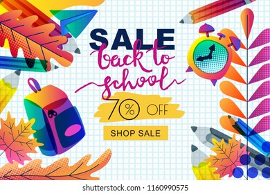 Vector horizontal back to school sale banner, poster template. Color gradients leaves, pencils, clock, backpack on notebook sheet of paper background. Layout for discount labels, flyers and shopping