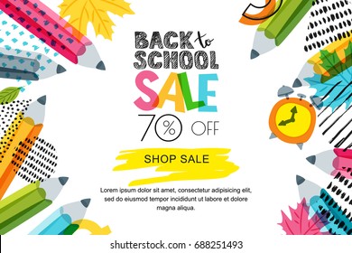 Vector horizontal back to school sale banner, poster background. Hand drawn sketch letters and doodle multicolor pencils on textured background. Layout for discount labels, flyers and shopping.