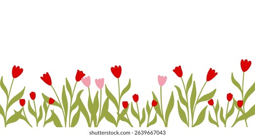 Vector Horizontal backdrop with simple red and pink flowers on white, flat style illustration