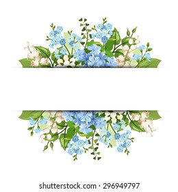 Vector horizontal background with blue and white flowers and green leaves.