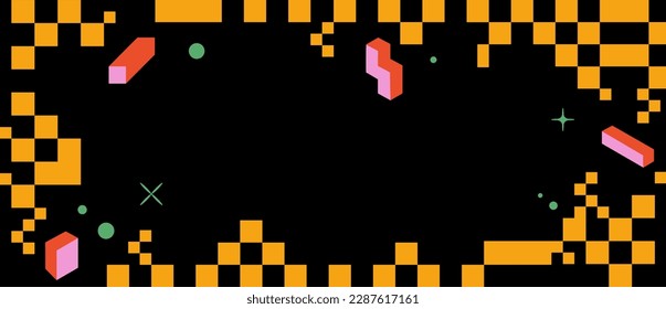 Vector horizontal background with checkerboard and geometric shapes. Y2k social media banner or background