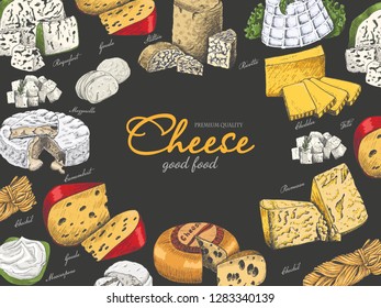 Vector horizontal background with different color cheeses in sketch style. Vector illustration for your design