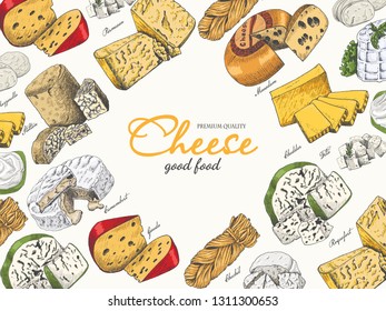Vector horizontal background with different color cheeses in sketch style. Vector illustration for your design