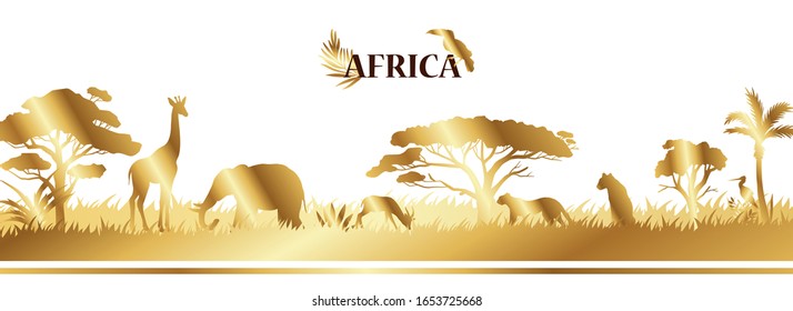 Vector horizontal background with elephant, giraffe, leopard, trees, grass. African golden savannah landscape with wild animals and flora isolated on white. Tropical banner for tourism advertisements