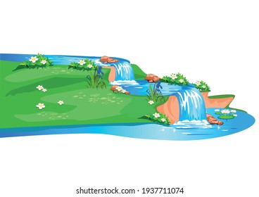 Vector horizontal background of a fabulous summer landscape with a cascade of waterfalls and a meadow in cartoon style isolated on white background.