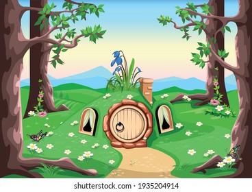 Vector horizontal background fairy tale forest house with a round door and windows stands in a meadow in cartoon style.