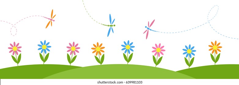 Fundo horizontal vetorial com flores e libélulas. Paisagem de verão ou primavera para design infantil