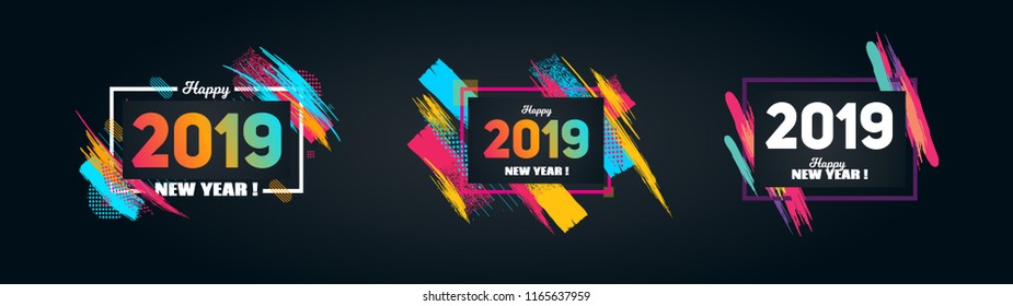 Vector horizontal background frame for text Modern Art graphics for hipsters.   Happy New Year 2019 design elements for design of gift cards, brochures, flyers, leaflets, posters.